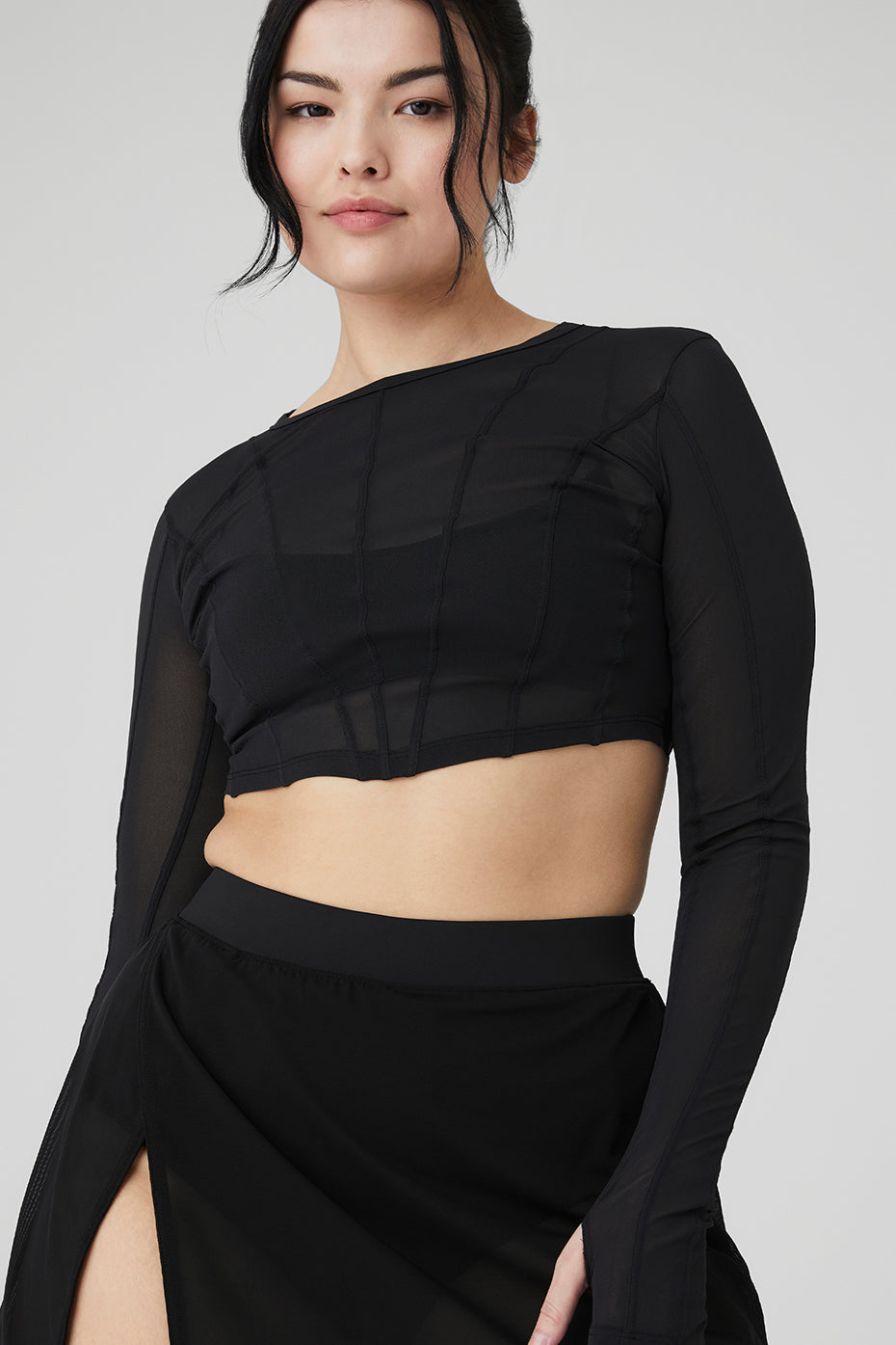 Mesh Cropped Fine Line Long Sleeve - Black