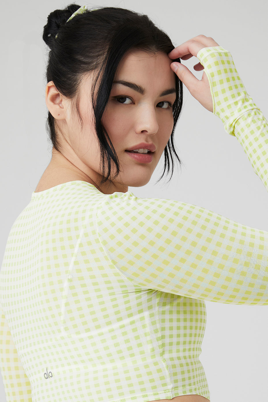 Mesh Gingham Cropped Long Sleeve - Iced Green Tea