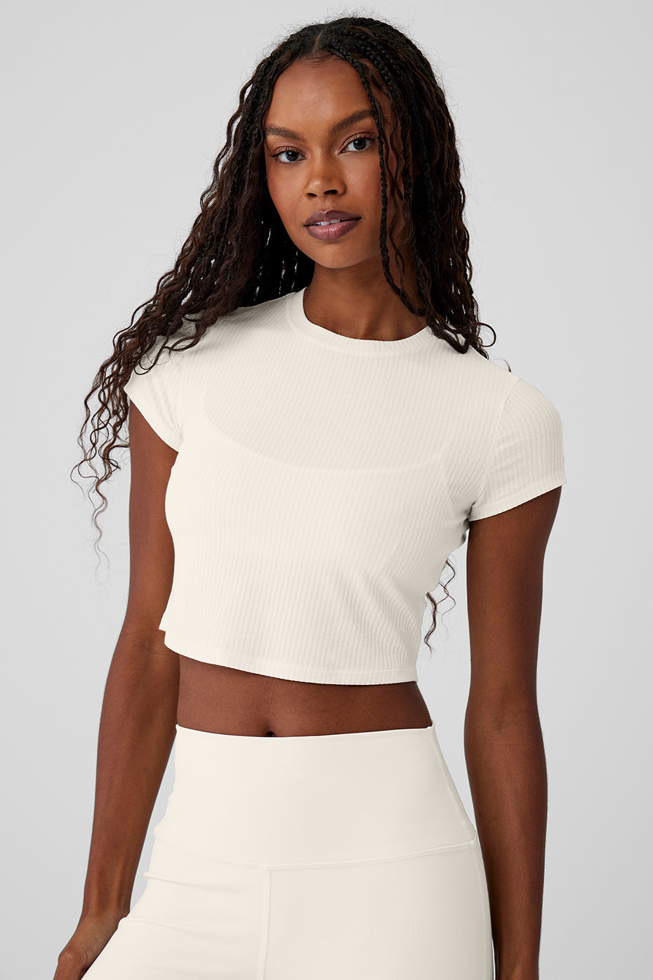 Ribbed Sea Coast Cropped Short Sleeve Tee - Ivory