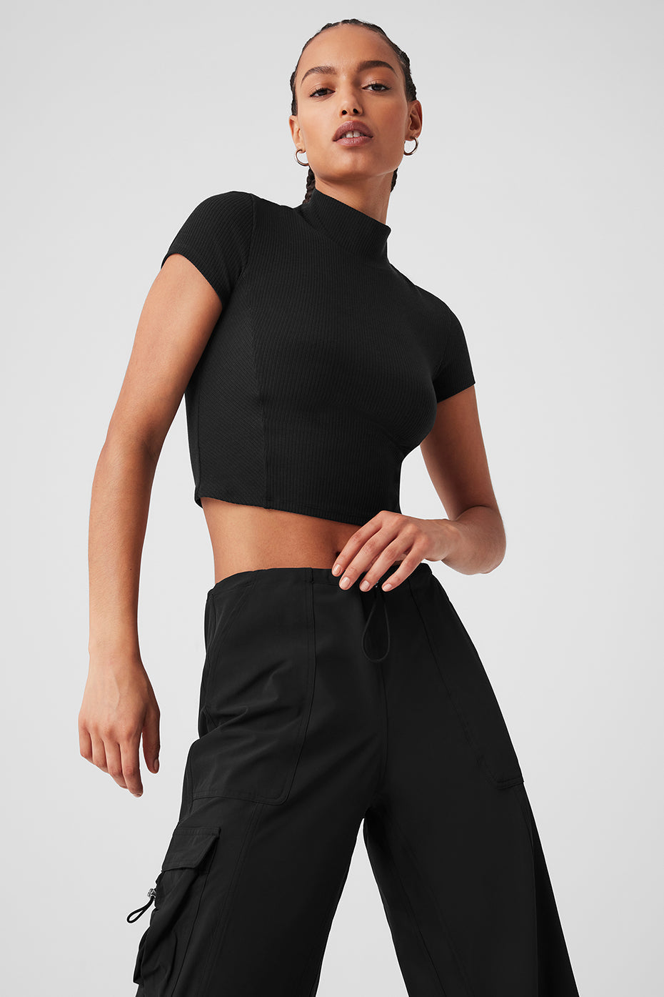 Wellness Rib Mock Neck Polished Short Sleeve - Black