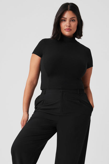 Wellness Rib Mock Neck Polished Short Sleeve - Black