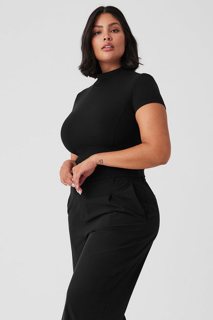 Wellness Rib Mock Neck Polished Short Sleeve - Black