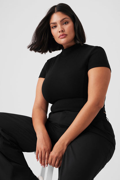 Wellness Rib Mock Neck Polished Short Sleeve - Black