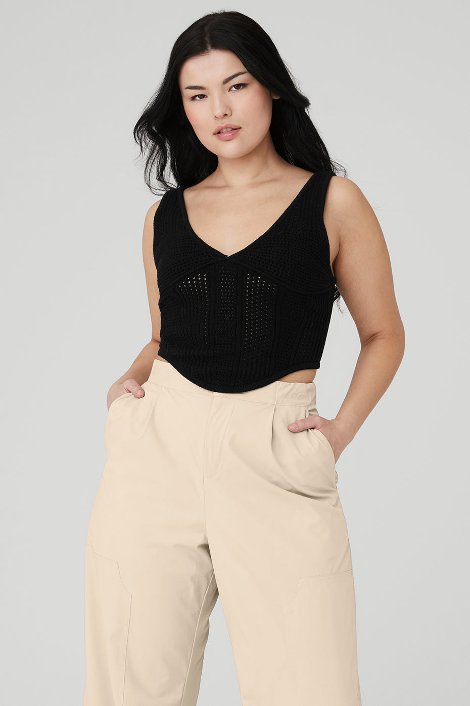 Open-Knit Chase The Sun Corset Tank - Black