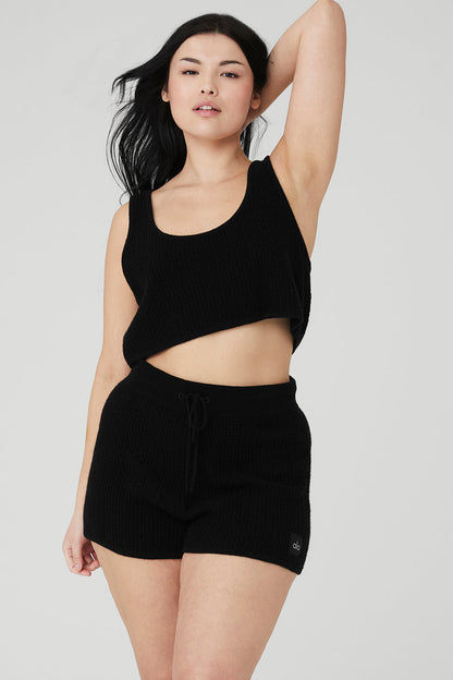 Cashmere Plush Waffle Cropped Tank - Black
