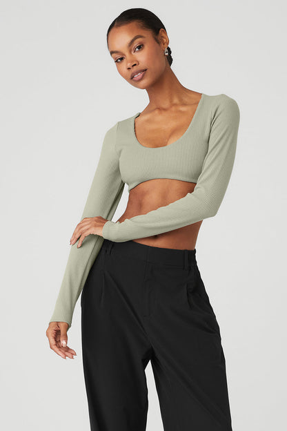 Ribbed Defined Long Sleeve Bra - Limestone