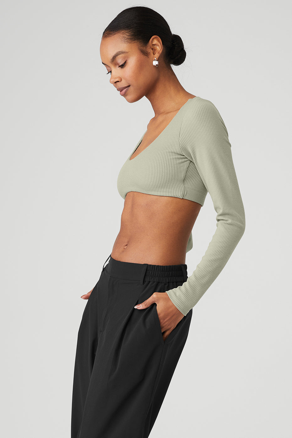 Ribbed Defined Long Sleeve Bra - Limestone
