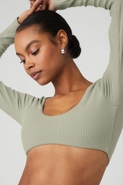Ribbed Defined Long Sleeve Bra - Limestone