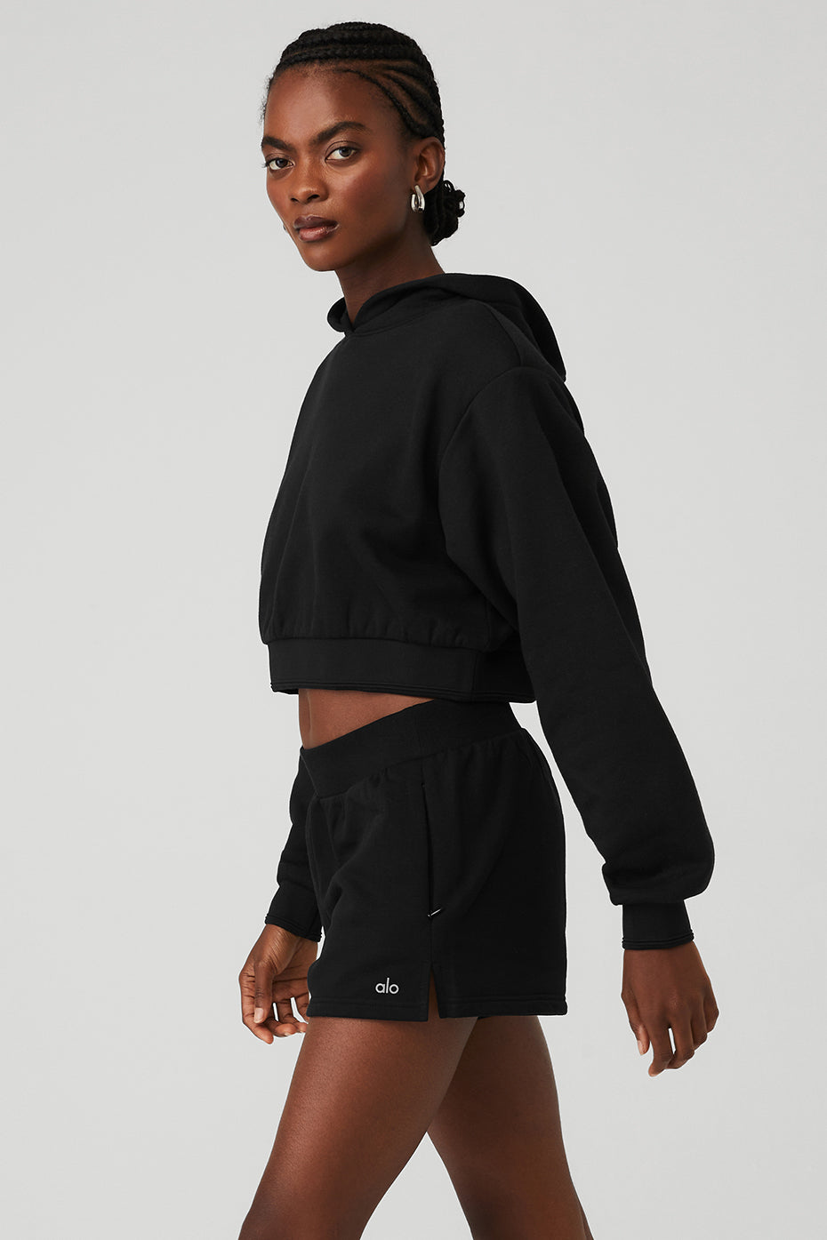 Cropped Headliner Shoulder Pad Hoodie - Black