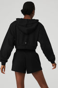 Cropped Headliner Shoulder Pad Hoodie - Black
