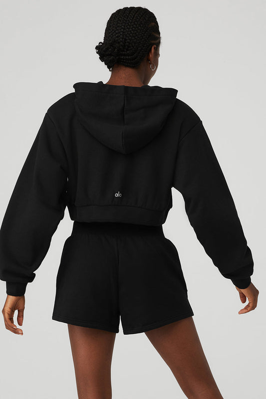 Cropped Headliner Shoulder Pad Hoodie - Black