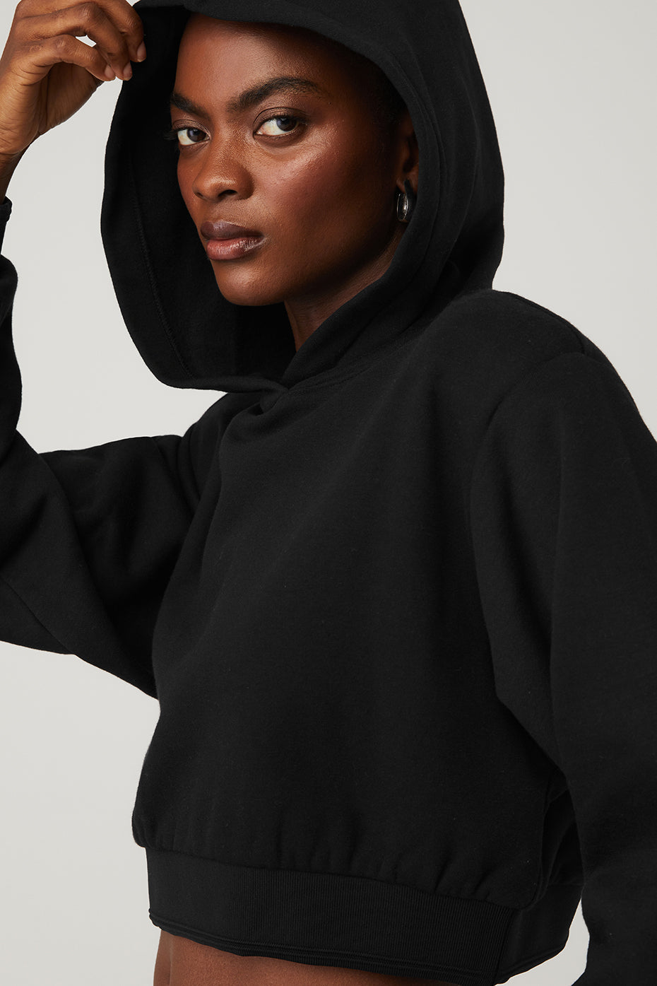 Cropped Headliner Shoulder Pad Hoodie - Black