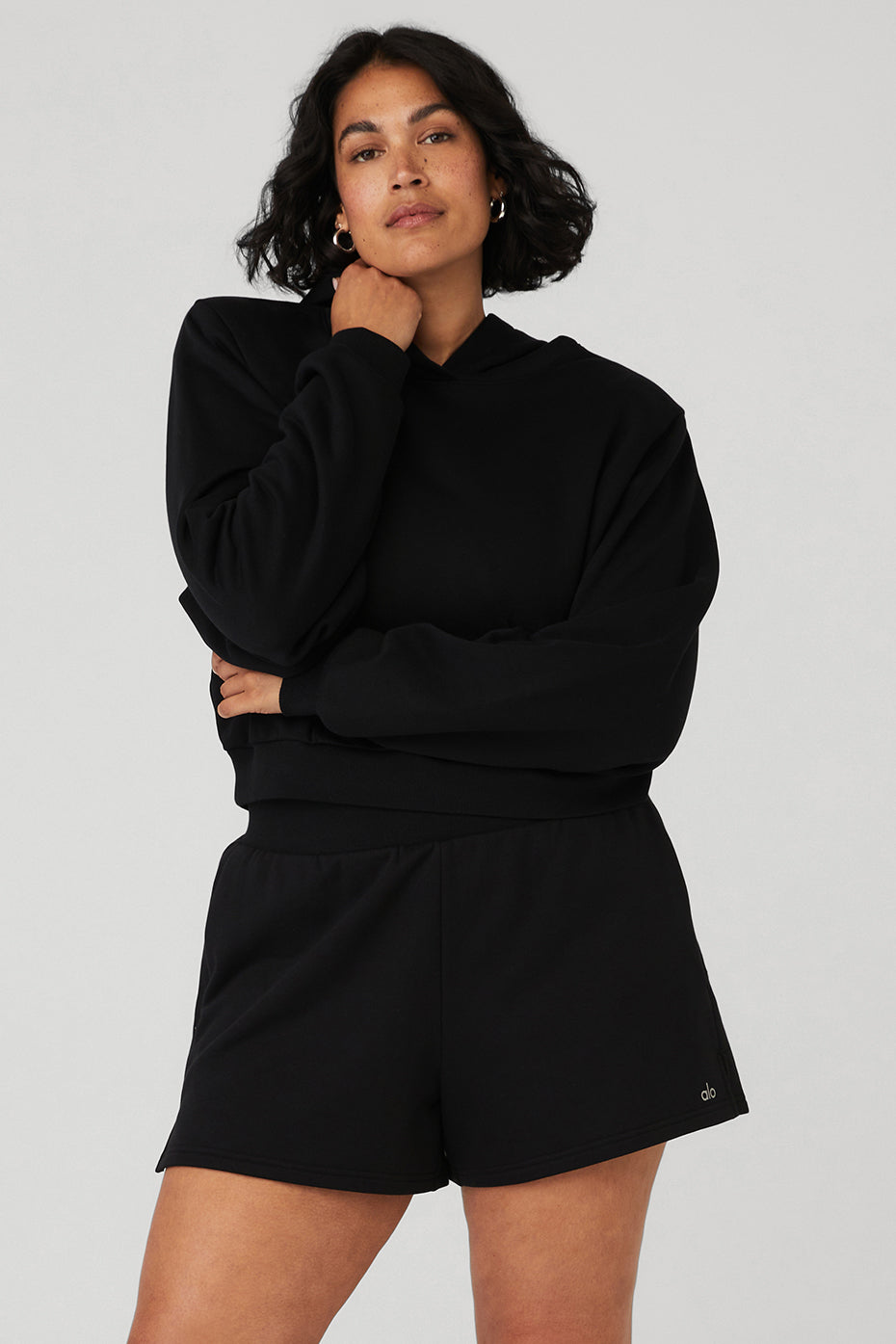 Cropped Headliner Shoulder Pad Hoodie - Black