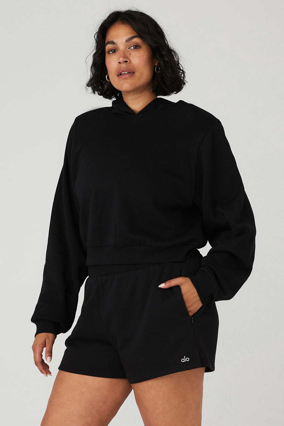 Cropped Headliner Shoulder Pad Hoodie - Black