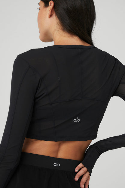 Mesh Cropped Fine Line Long Sleeve - Black