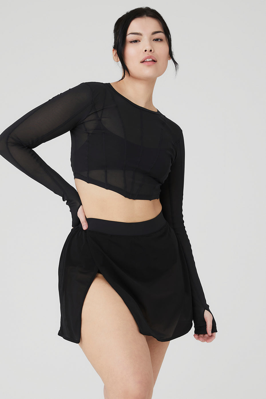 Mesh Cropped Fine Line Long Sleeve - Black