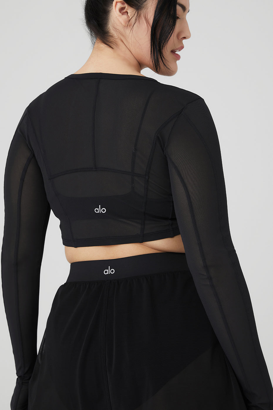 Mesh Cropped Fine Line Long Sleeve - Black
