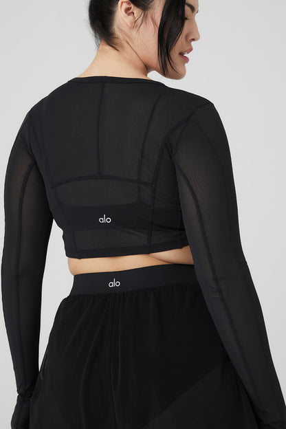 Mesh Cropped Fine Line Long Sleeve - Black