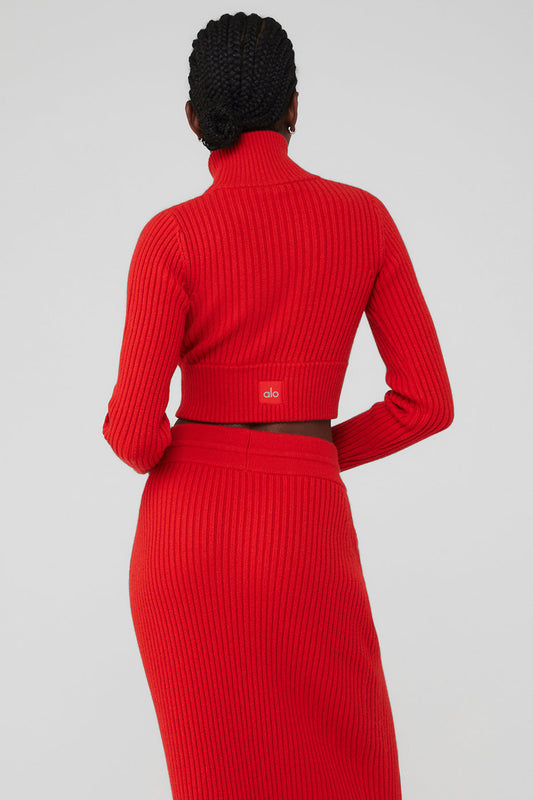 Cashmere Ribbed Winter Dream Cropped Turtleneck - Red Flame