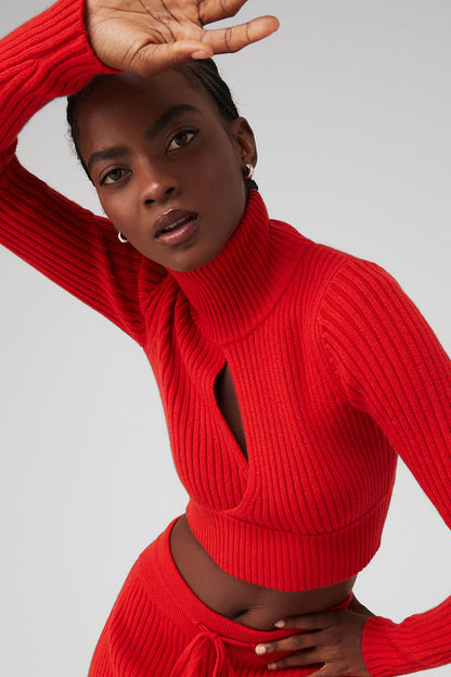 Cashmere Ribbed Winter Dream Cropped Turtleneck - Red Flame