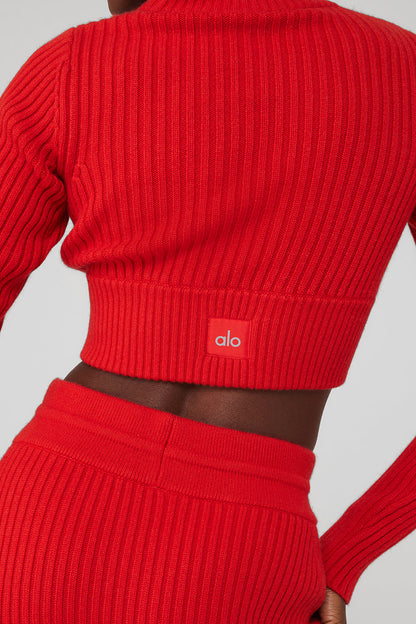 Cashmere Ribbed Winter Dream Cropped Turtleneck - Red Flame