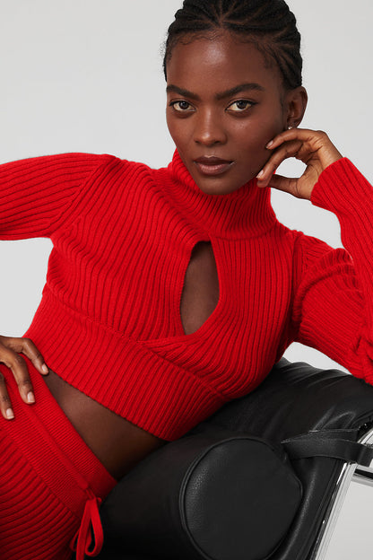 Cashmere Ribbed Winter Dream Cropped Turtleneck - Red Flame