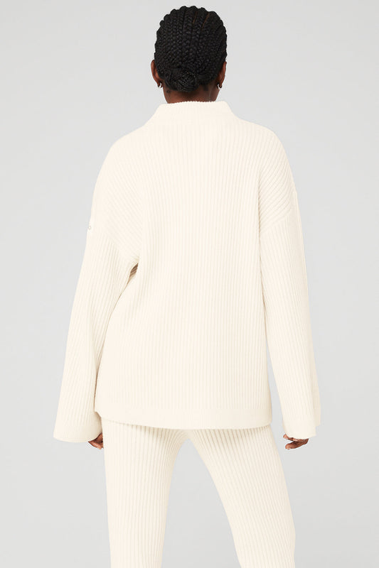 Cashmere Ribbed Winter Dream Mock Neck Coverup - Ivory