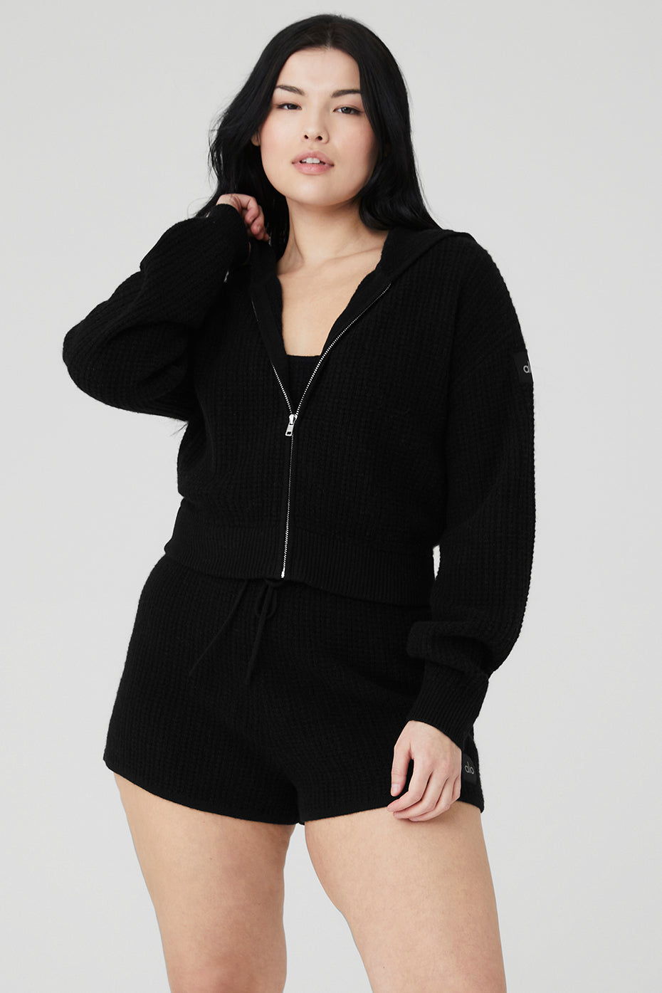 Cashmere Plush Waffle Full Zip Hoodie - Black