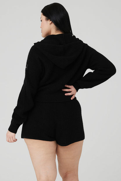 Cashmere Plush Waffle Full Zip Hoodie - Black