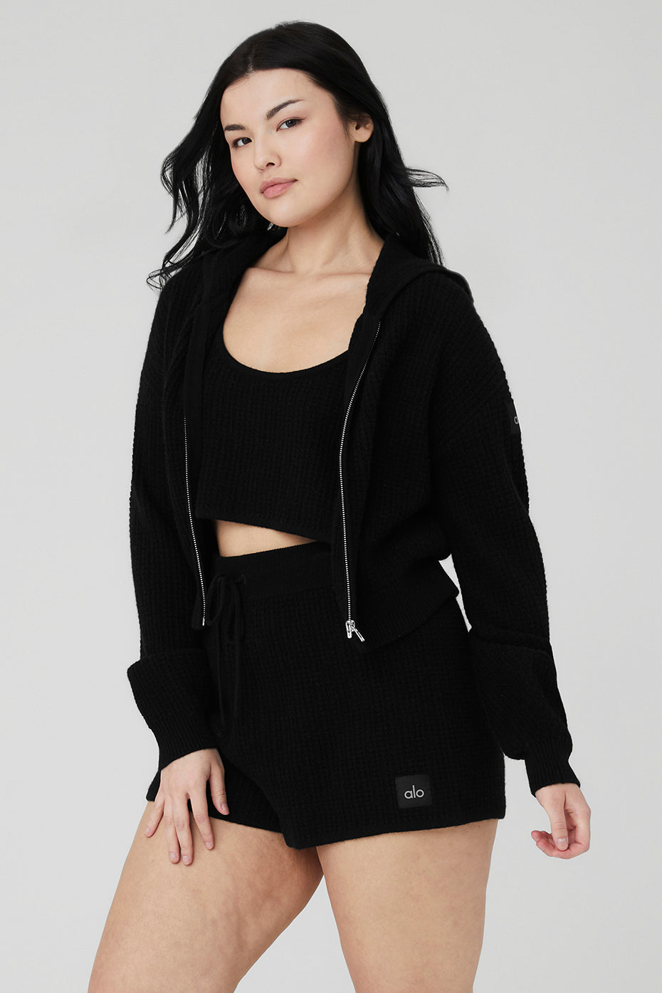 Cashmere Plush Waffle Full Zip Hoodie - Black