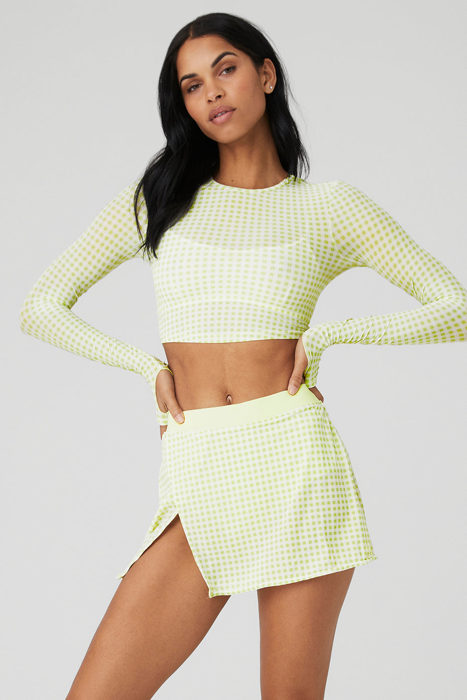 Mesh Gingham Cropped Long Sleeve - Iced Green Tea