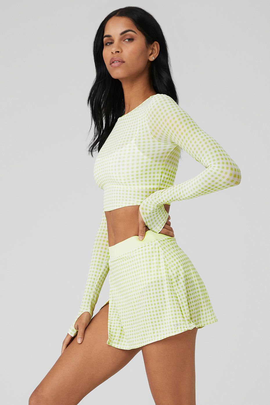 Mesh Gingham Cropped Long Sleeve - Iced Green Tea