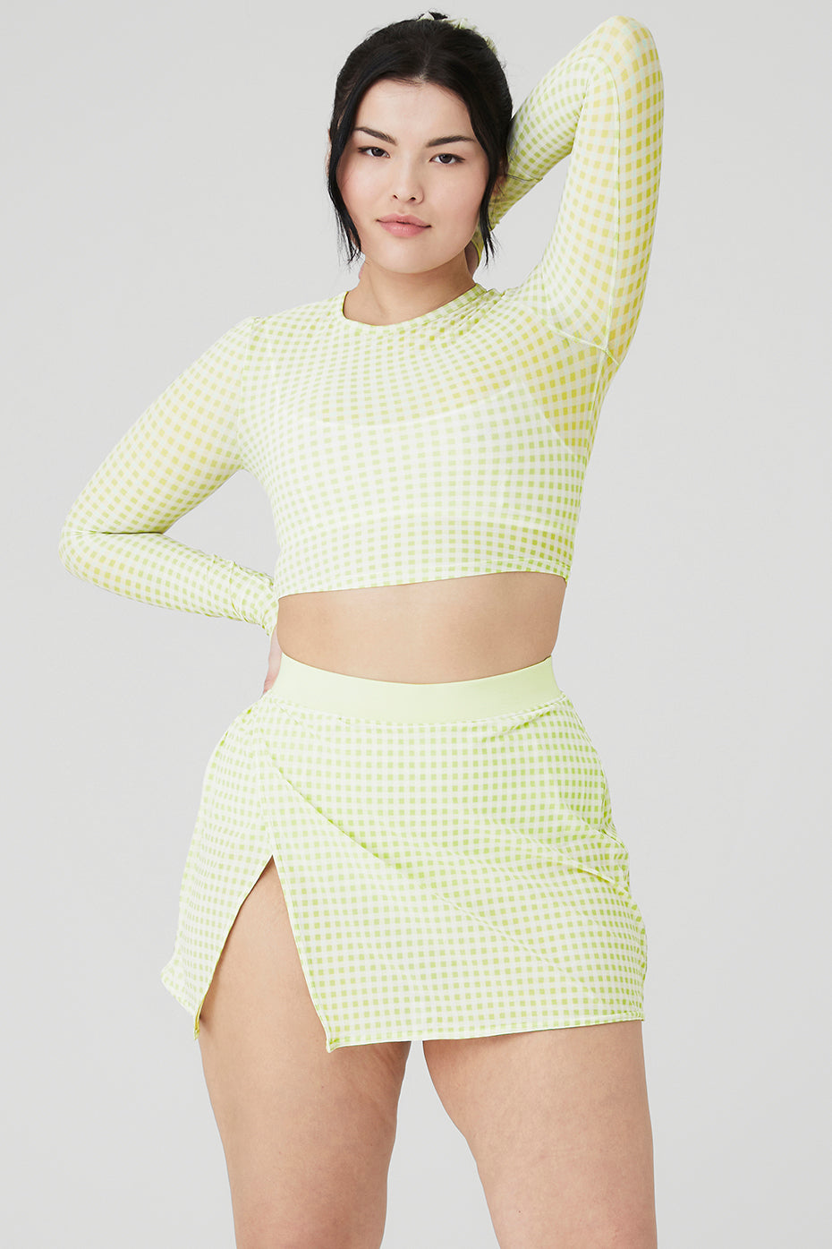 Mesh Gingham Cropped Long Sleeve - Iced Green Tea