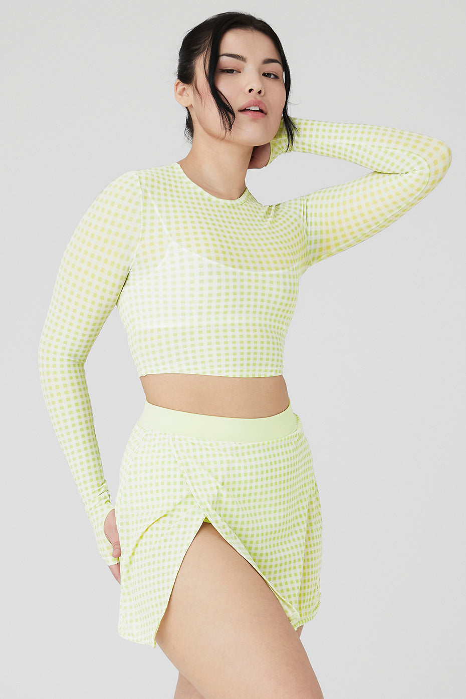 Mesh Gingham Cropped Long Sleeve - Iced Green Tea