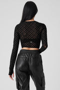 Mesh Plaid Cropped Long Sleeve Top - Black