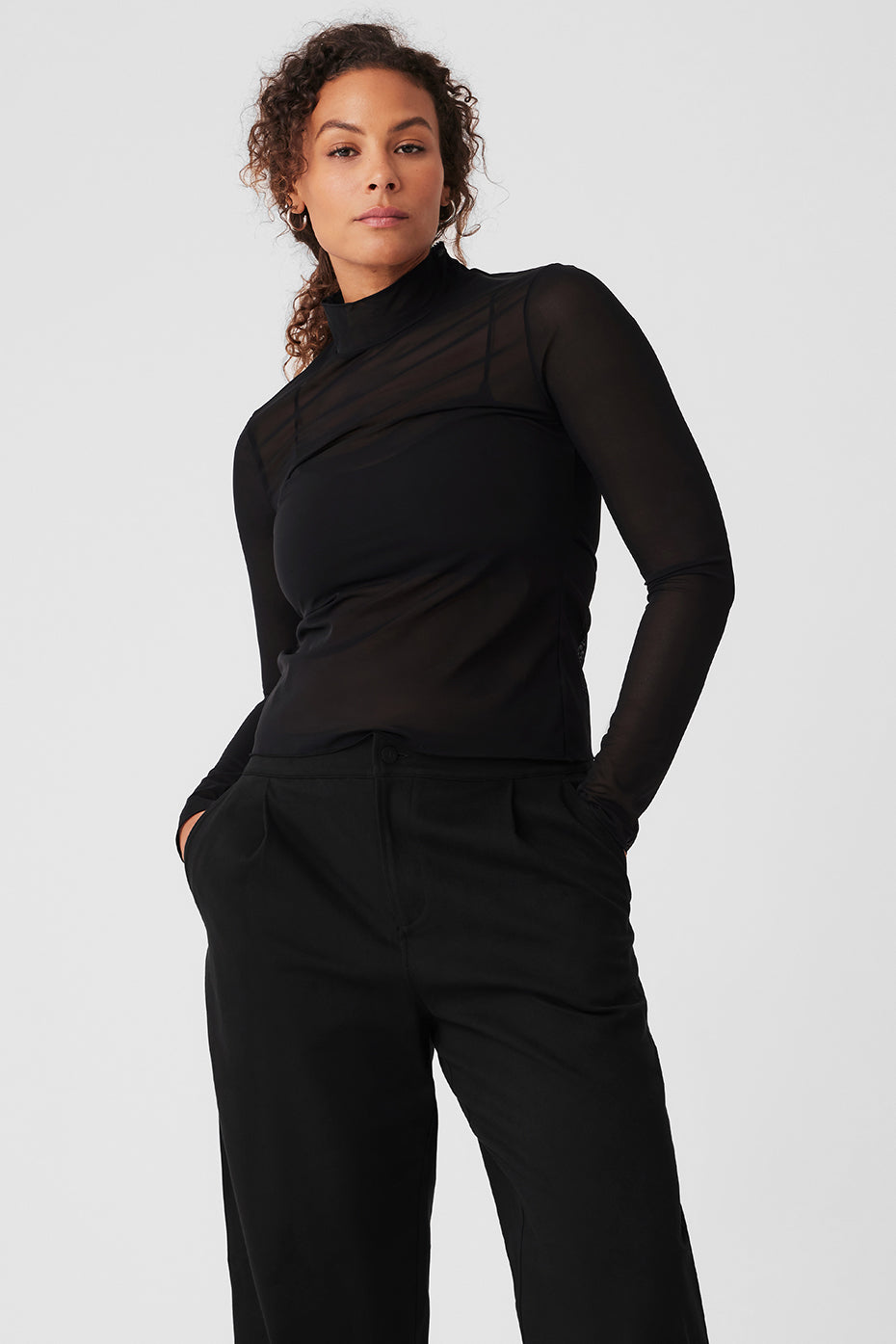 Mesh Sheer Illusion Mock Neck Long Sleeve - Black
