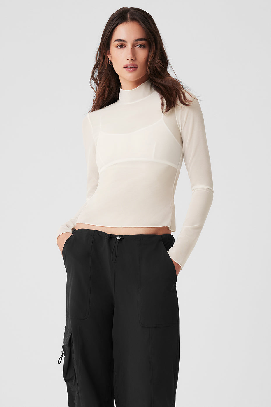 Mesh Sheer Illusion Mock Neck Long Sleeve - Ivory