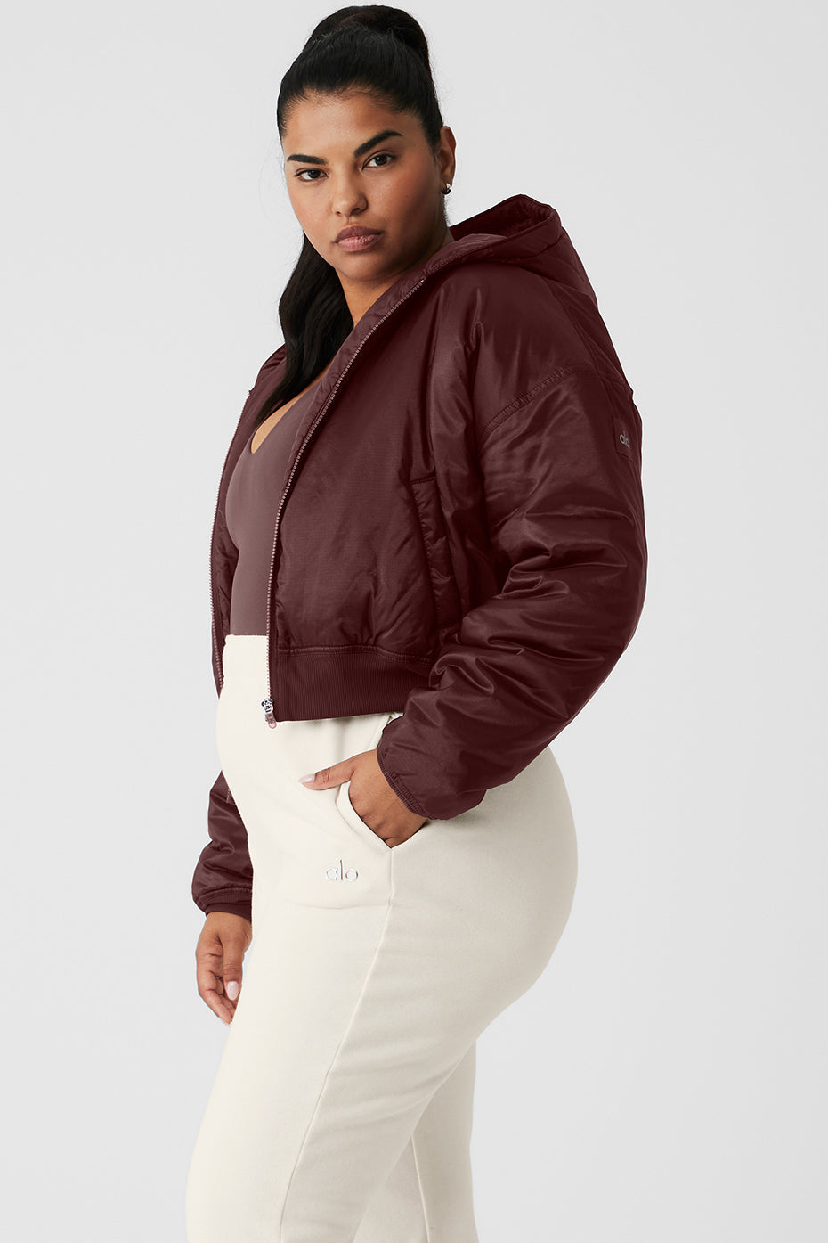 Ripstop Cropped Cosmo Zip Up Hoodie - Cherry Cola