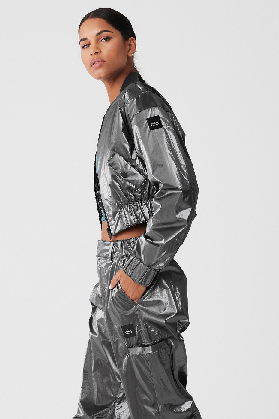 Metallic Cropped Break Line Bomber Jacket - Silver Metallic