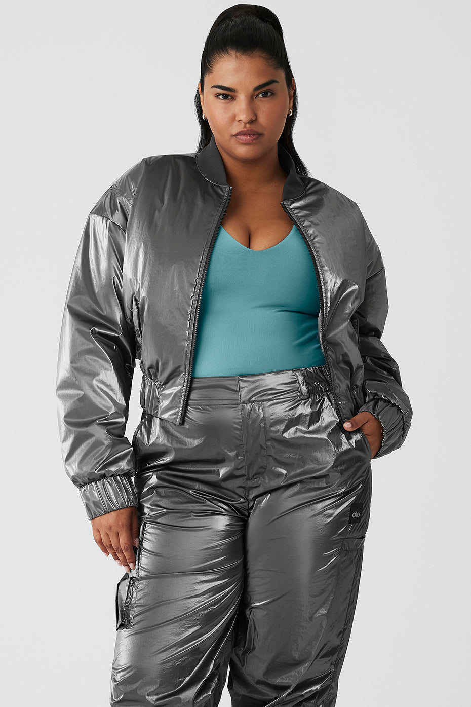 Metallic Cropped Break Line Bomber Jacket - Silver Metallic