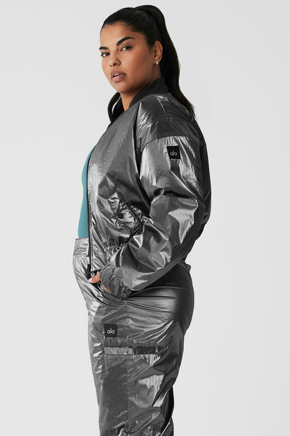 Metallic Cropped Break Line Bomber Jacket - Silver Metallic