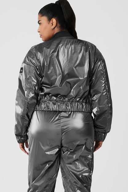 Metallic Cropped Break Line Bomber Jacket - Silver Metallic