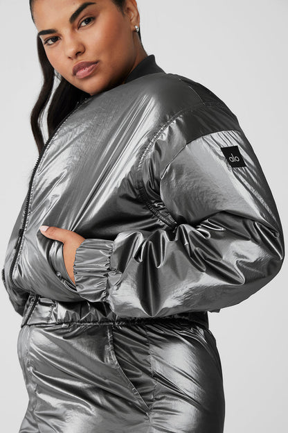 Metallic Cropped Break Line Bomber Jacket - Silver Metallic