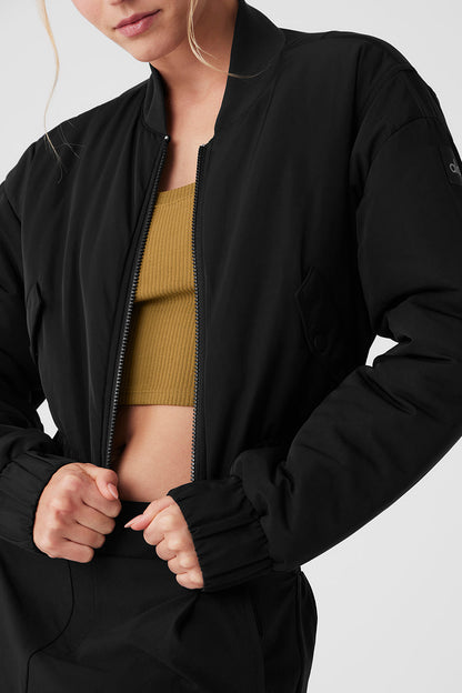 Cropped Break Line Bomber Jacket - Black
