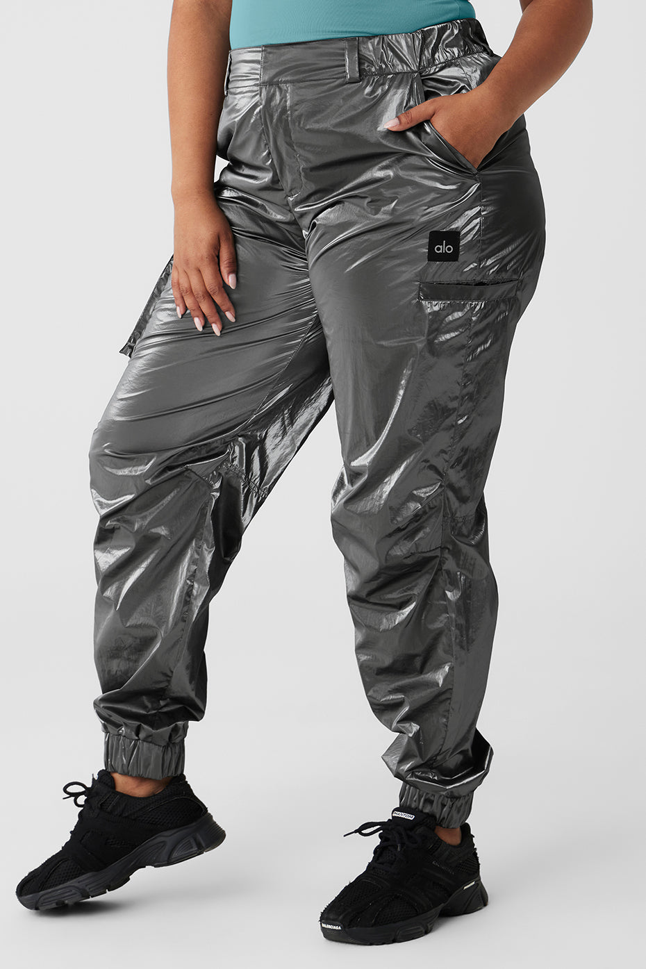 Metallic High-Waist Break Line Jogger - Silver Metallic