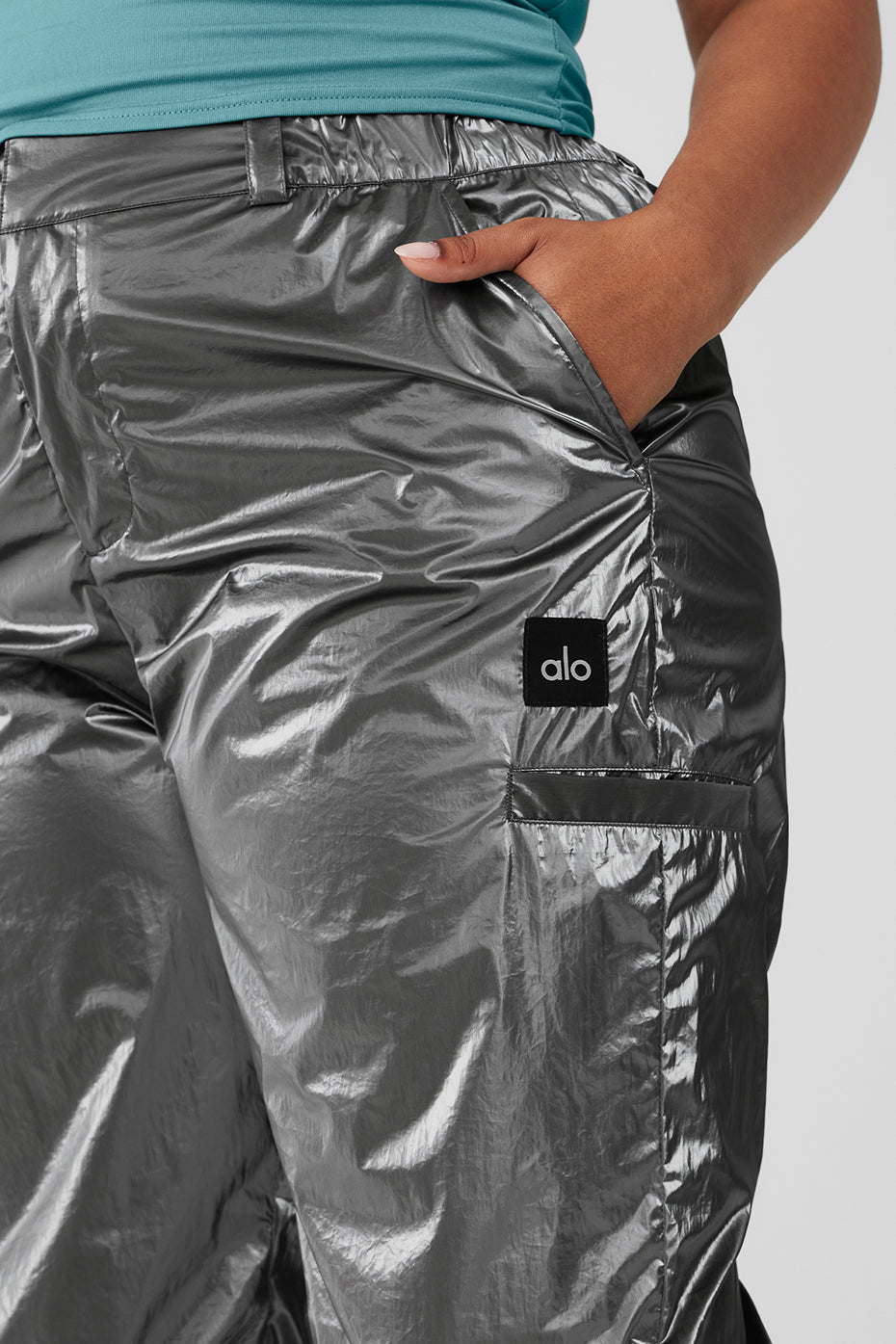 Metallic High-Waist Break Line Jogger - Silver Metallic