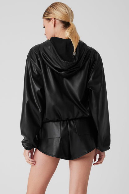 Faux Leather Power Hour Full Zip Cropped Jacket - Black