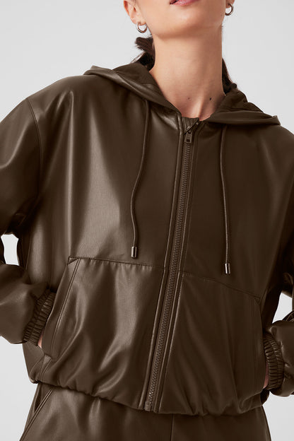 Faux Leather Power Hour Full Zip Cropped Jacket - Espresso
