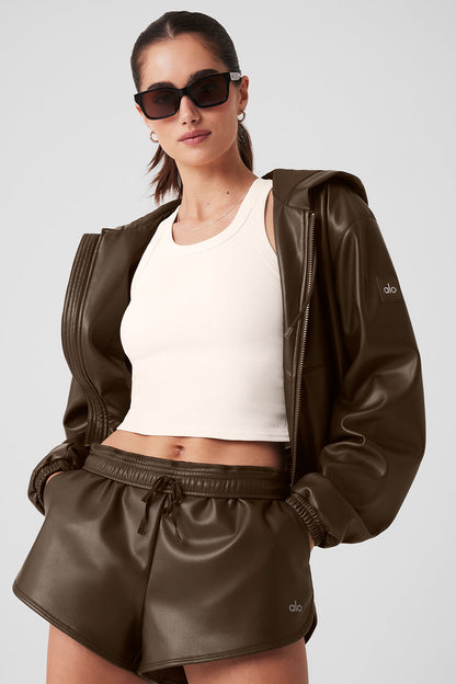 Faux Leather Power Hour Full Zip Cropped Jacket - Espresso