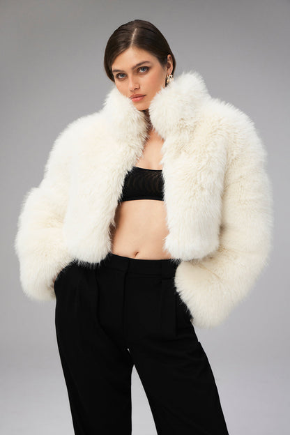 Opulent Faux Fur Cropped Jacket - Ivory